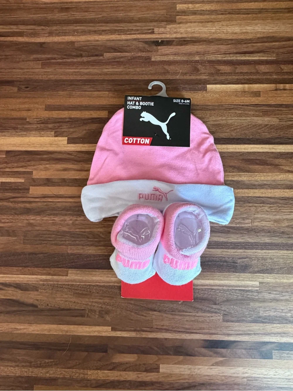 Puma Pink and White Infant Hat & Booties Set